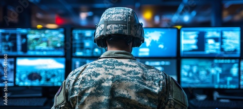 Military operator in tactical gear surveilling command center with multiple screens. Strategy and surveillance concept photo