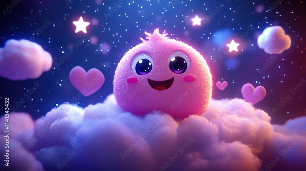 Cute pink fluffy character on clouds, starry night, hearts. Cute pink fluffy character on clouds, starry night, hearts.