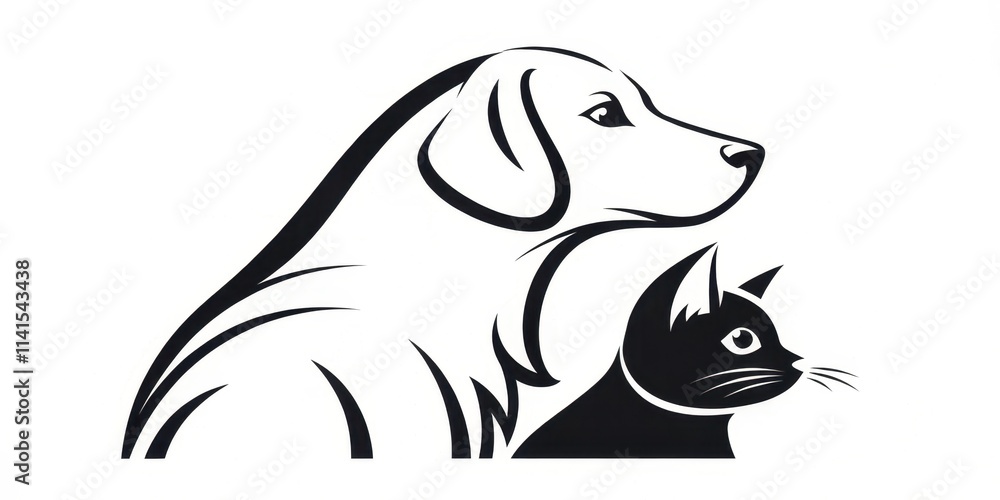Fototapeta premium A minimalist black and white illustration featuring a dog and a cat side by side, symbolizing companionship between pets.