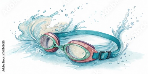 A pair of colorful swimming goggles with splashes of water, showcasing a vibrant design perfect for aquatic activities.