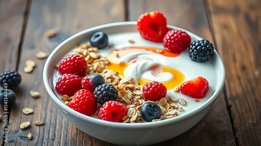 A delightful bowl of creamy yogurt, topped with crunchy granola, sweet raspberries, blueberries, blackberries, and a strawberry, perfect for a healthy and delicious breakfast or snack. A delightful bowl of creamy yogurt, topped with crunchy granola, sweet raspberries, blueberries, blackberries, and a strawberry, perfect for a healthy and delicious breakfast or snack.