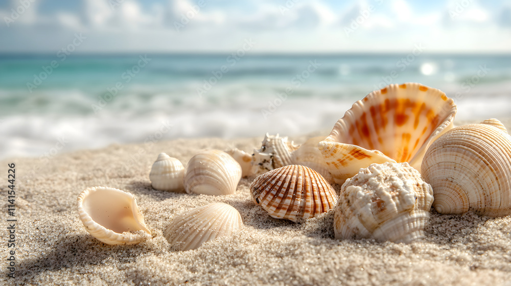 Close-up of various seashells scattered on the sand, with the ocean in the background Close-up of various seashells scattered on the sand, with the ocean in the background