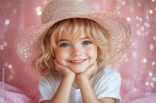 Young girl smiles joyfully while wearing a sparkling hat against a soft pink background with shimmering lights photo