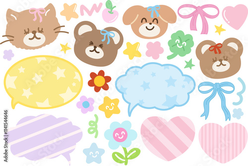 Cute vector illustrations of puppy, cat, teddy bear, ribbon, flowers, heart, clover leaf, cherry, text bubble, stars for cartoon, characters, pet shop, zoo, animals, mascot, text, message, nature