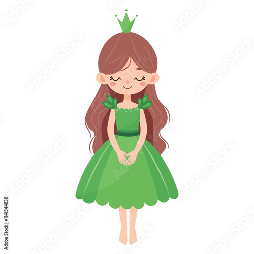 cute cartoon princess in green dress isolated on white background