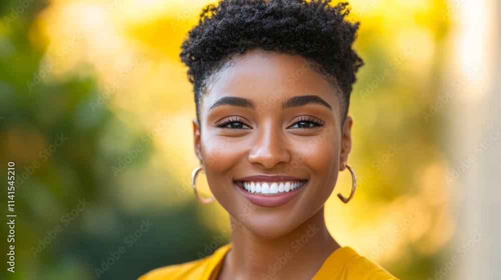 Joyful African American Woman With Natural Hair Smiling Brightly Outdoors in a Sunlit Park Surrounded by Nature and Vibrant Greenery Joyful African American Woman With Natural Hair Smiling Brightly Outdoors in a Sunlit Park Surrounded by Nature and Vibrant Greenery