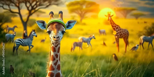 Obraz A young giraffe wearing a hat in a savannah sunset scene with zebras and other wildlife