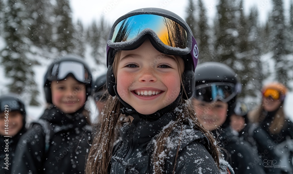 Smiling child in ski gear surrounded by friends enjoying winter sports in snowy mountain terrain Smiling child in ski gear surrounded by friends enjoying winter sports in snowy mountain terrain