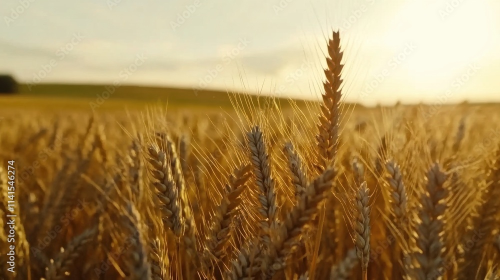 Naklejka premium Golden Wheat Field Under Bright Sunlight with Clear Blue Sky and Horizon