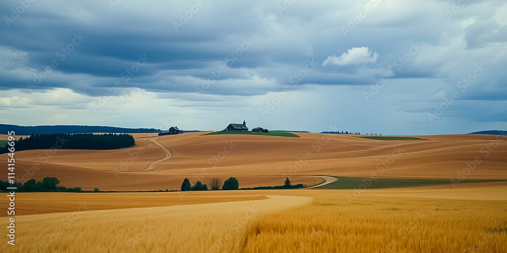Obraz premium Serene Rural Landscape with Rolling Hills and Farm Buildings under a Cloudy Sky