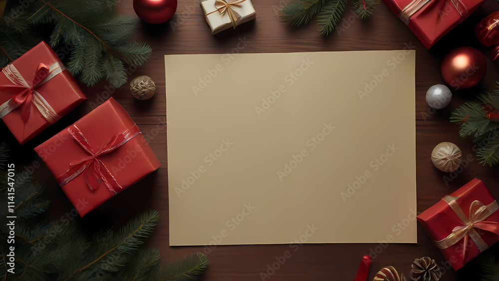 Obraz premium a large blank sheet of red paper at the center, surrounded by Christmas attributes 