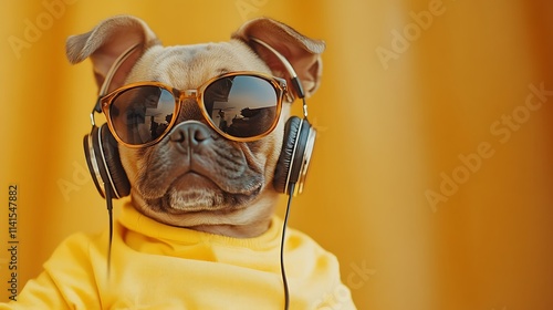 A chic puppy with a yellow shirt a pair of sunglasses and earphones