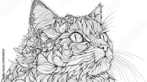 Intricate Zentangle Cat  Line Art  Black and White  Animal Portrait