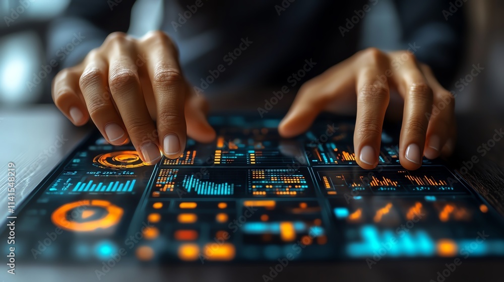 Hands interacting with a high-tech digital interface displaying data and analytics. Hands interacting with a high-tech digital interface displaying data and analytics.