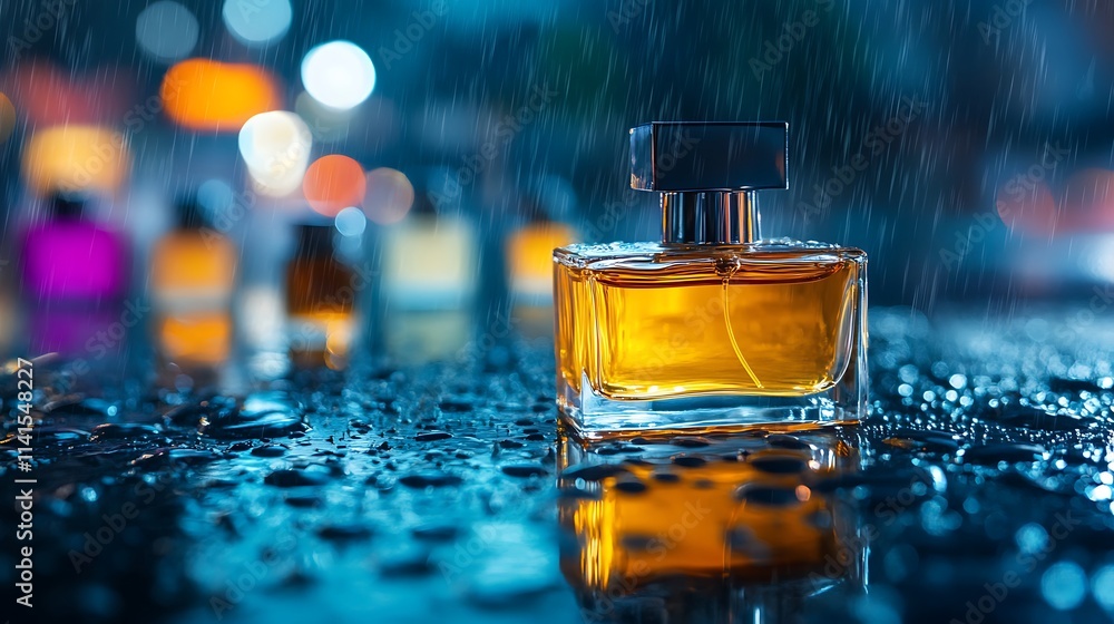 A collection of perfume lying across a smooth surface with heavy rain falling behind A collection of perfume lying across a smooth surface with heavy rain falling behind