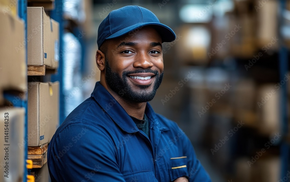 A smiling man in a blue shirt and hat stands in a warehouse A smiling man in a blue shirt and hat stands in a warehouse
