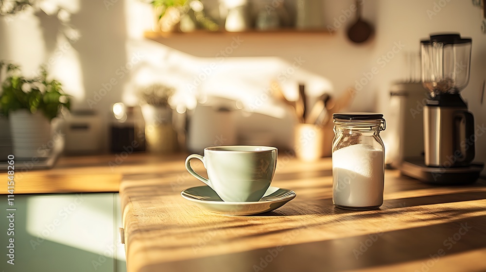 A coffee cup and a sugar jar sitting on a wooden kitchen counter with soft daylight A coffee cup and a sugar jar sitting on a wooden kitchen counter with soft daylight