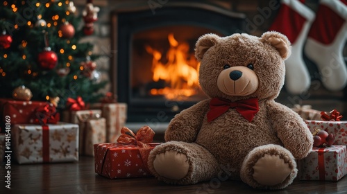 Teddy bear and gifts box on christmas holiday festive background 