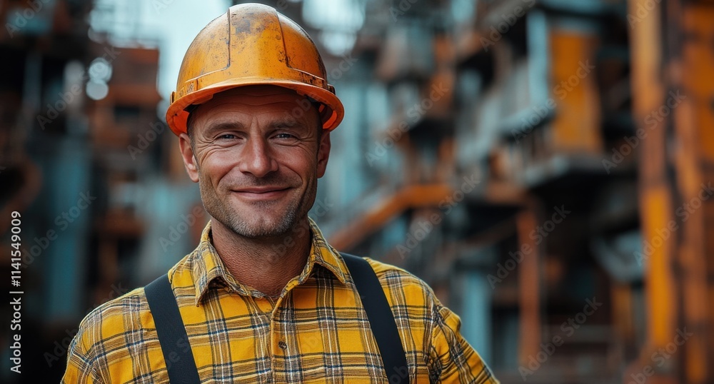 A man wearing a yellow shirt and a hard hat is smiling A man wearing a yellow shirt and a hard hat is smiling
