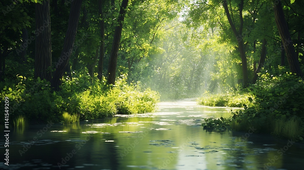 Sun-Dappled Serenity: A Tranquil Forest Stream Bathed in Morning Light Sun-Dappled Serenity: A Tranquil Forest Stream Bathed in Morning Light