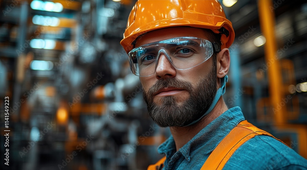 A man with a yellow helmet and safety glasses is standing in a factory A man with a yellow helmet and safety glasses is standing in a factory