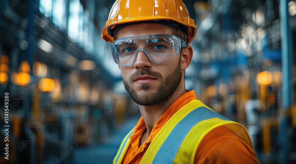 A man with a yellow helmet and safety glasses is standing in a factory A man with a yellow helmet and safety glasses is standing in a factory