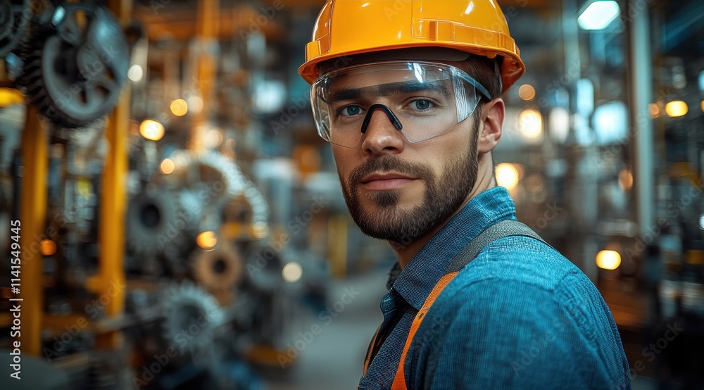 A man in a yellow helmet and safety glasses is standing in front of a machine A man in a yellow helmet and safety glasses is standing in front of a machine