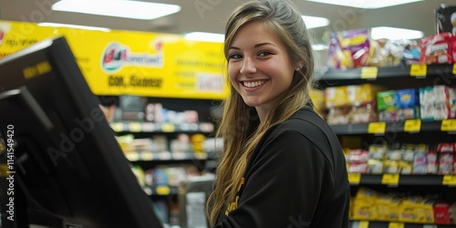 A smiling cashier ringing up purchases at a Dollar General checkout counter.