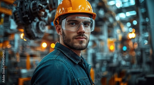 A man in a yellow helmet and safety glasses is standing in front of a machine