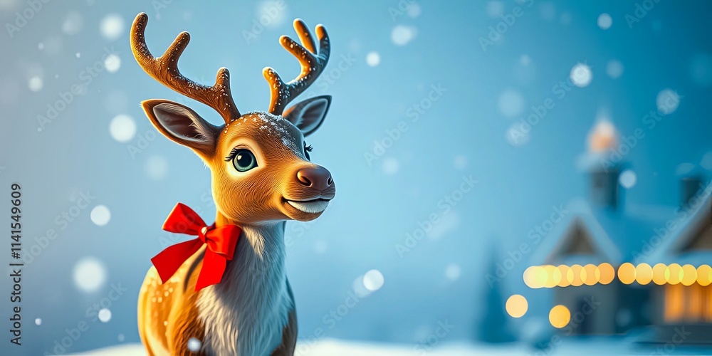 A Cute Reindeer with a Red Bow, Snow Falling, and Festive Lights in the Background A Cute Reindeer with a Red Bow, Snow Falling, and Festive Lights in the Background