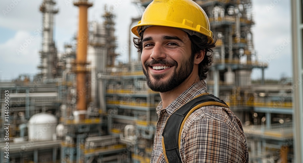 A man wearing a yellow hard hat and smiling A man wearing a yellow hard hat and smiling