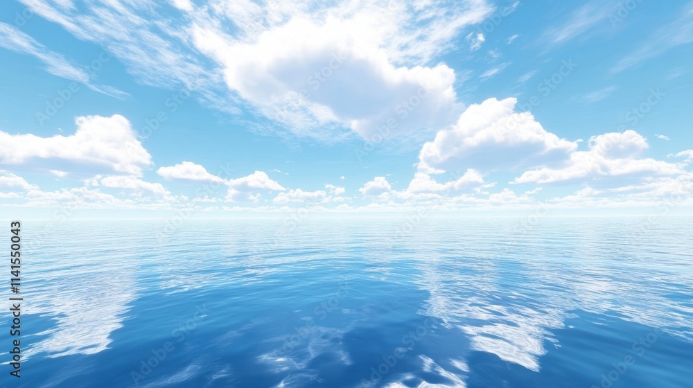 Serene Ocean View Under Bright Blue Sky with Puffy White Clouds Serene Ocean View Under Bright Blue Sky with Puffy White Clouds