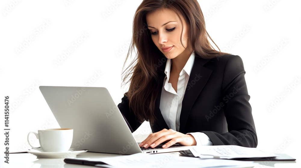 A businesswoman in a professional suit working at a laptop with documents and a cup of coffee on the desk, on a transparent backgrounds A businesswoman in a professional suit working at a laptop with documents and a cup of coffee on the desk, on a transparent backgrounds