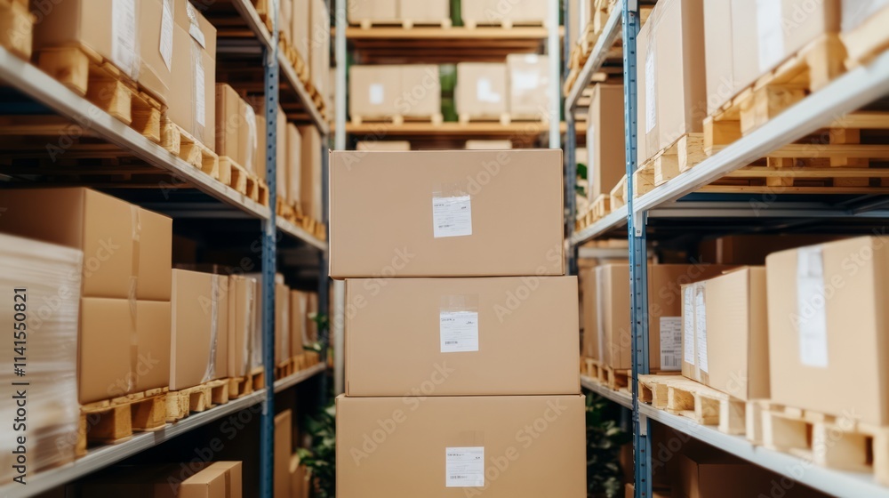 Aisle of Stacked Cardboard Boxes in a Warehouse with Organized Shelves and Natural Greenery in the Background Aisle of Stacked Cardboard Boxes in a Warehouse with Organized Shelves and Natural Greenery in the Background