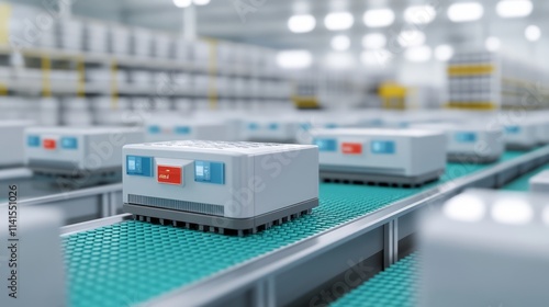 Advanced Automated Warehouse System with Robotic Storage Units on a Conveyor Belt in a Modern Distribution Center Featuring Efficient Logistics Management