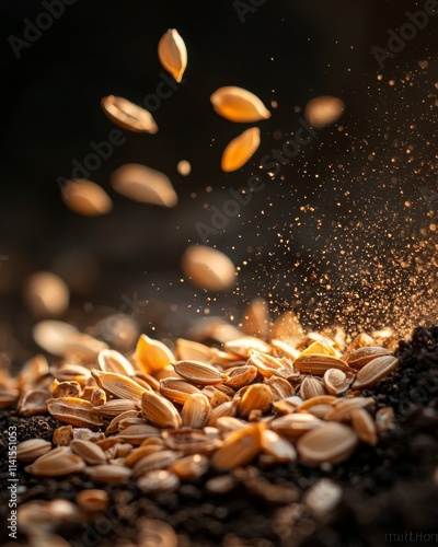 Golden Seeds Falling from Above Against Dark Background