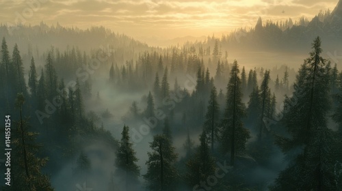 Serene Foggy Forest at Sunrise with Golden Sky and Lush Green Trees