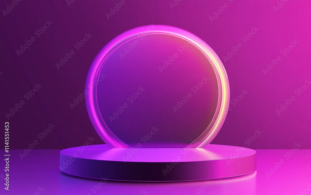 Modern display platform with glowing circular frame in vibrant purple lighting Modern display platform with glowing circular frame in vibrant purple lighting