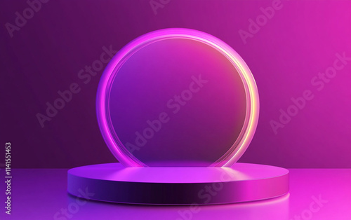 Modern display platform with glowing circular frame in vibrant purple lighting