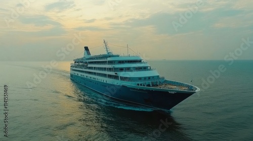 Majestic cruise ship sailing on calm ocean waters at sunset horizon