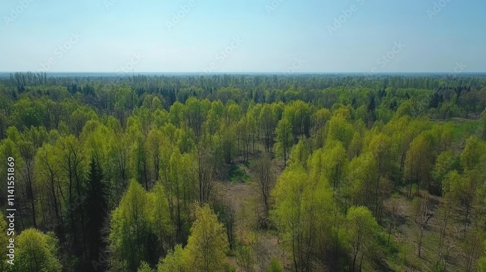 Lush Green Forest Landscape with Vibrant Foliage and Clear Blue Sky Lush Green Forest Landscape with Vibrant Foliage and Clear Blue Sky
