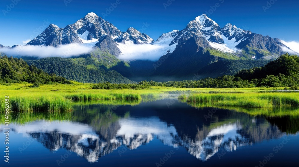 Majestic mountains reflected in a serene lake under a clear sky.
