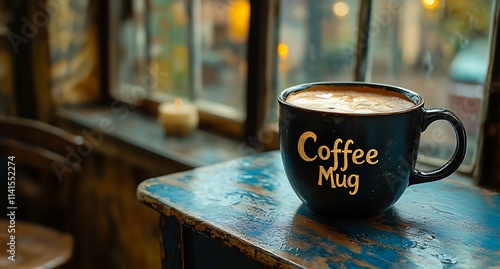 Dark Coffee Mug on Rustic Blue Table. photo