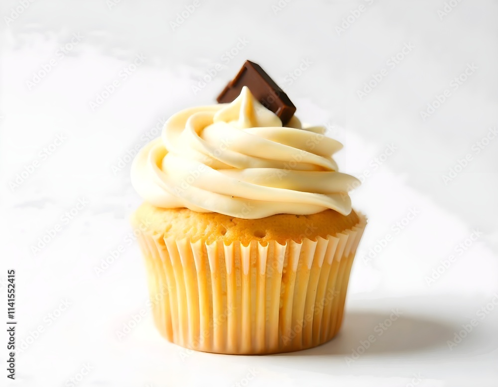 Vanilla cupcake with circular cream on top, white background, decorated with berries Vanilla cupcake with circular cream on top, white background, decorated with berries