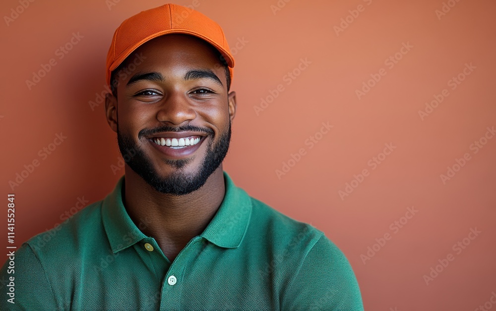 Smiling man in green polo shirt and orange cap poses against a vibrant orange wall Smiling man in green polo shirt and orange cap poses against a vibrant orange wall