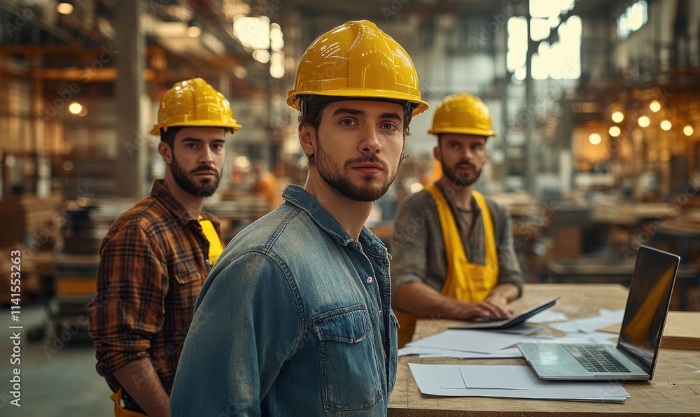 Group of construction workers in hard hats collaborate on project plans inside a warehouse Group of construction workers in hard hats collaborate on project plans inside a warehouse