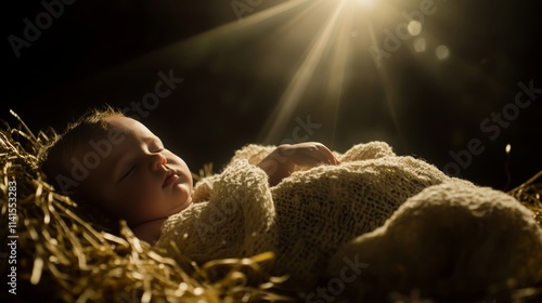 A baby Jesus in the manger, isolated on a black background, with dramatic lighting, backlit, in a photo-realistic style, high-resolution photography, with a bokeh effect, cinematic lighting, professio photo