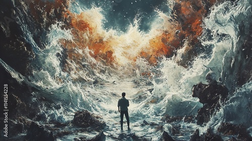 Man Facing Immense Waves: A Surreal Seascape photo