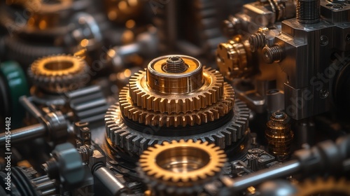 Closeup of intricate metallic gears in machinery