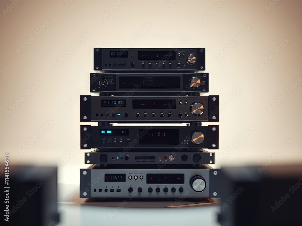 Bokeh-blurred audio equipment boxes. Bokeh-blurred audio equipment boxes.